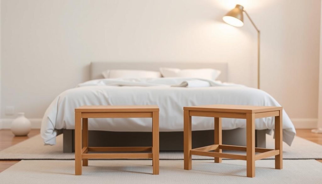 A bedroom setting featuring budget-friendly bedside tables from the Shopica furniture brand. In the foreground, a pair of simple yet stylish Shopica bedside tables with clean lines and a natural wood finish. In the middle ground, a cozy twin-size bed with a minimalist white linen bedding set. The background showcases a neutral-toned wall, creating a calming and inviting atmosphere. Soft, diffused lighting from a floor lamp casts a warm glow, highlighting the quality and affordability of the Shopica furniture pieces. The overall scene conveys a sense of practicality and style on a modest budget.