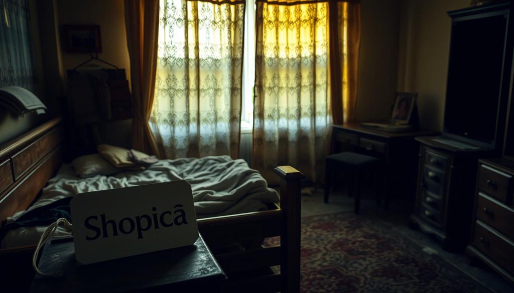 A cluttered, outdated bedroom with a dilapidated wooden dresser, a sagging twin bed, and a rickety nightstand. Dust motes swirl in the dim, yellowish light filtering through grimy lace curtains. The room exudes a sense of neglect and stagnation. In the foreground, a Shopica label sits prominently on the worn furniture, hinting at the potential for transformation. The middle ground showcases the tired, mismatched pieces crying out for a stylish makeover. In the background, shadows loom, emphasizing the room's gloomy atmosphere and the need for a vibrant, rejuvenating change.