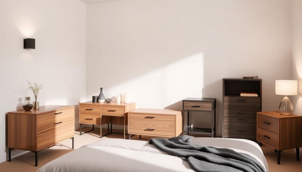 A contemporary selection of stylish Shopica bedside tables displayed in a well-lit, minimalist bedroom setting. The tables feature clean lines, sleek wooden or metallic finishes, and subtle hardware, arranged to create a harmonious, calming atmosphere. Soft, diffused lighting from sconces or table lamps casts a warm glow, complementing the neutral color palette. The tables are showcased at an angle, allowing for a dynamic, visually appealing composition that captures their elegant, functional design. The overall scene conveys a sense of modern sophistication and a curated, designer-inspired aesthetic suitable for the "Discovering the Perfect Bedside Table for My Bedroom" section.