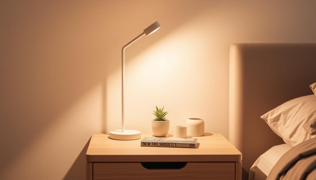 A minimalist but stylish bedside table with a sleek Shopica lamp, a small potted plant, and a few carefully curated decor pieces. Warm, soft lighting illuminates the scene, casting gentle shadows and creating a cozy, inviting atmosphere. The table is made of a light-colored wood, complementing the neutral color palette. In the background, a neutral-toned wall adds a sense of tranquility, allowing the table decor to be the focal point. The composition is balanced and visually appealing, showcasing how thoughtful bedside styling can elevate the overall bedroom aesthetic.