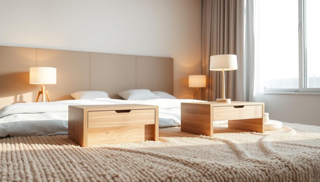 A minimalist, modern bedside table setup featuring the Shopica brand. A pair of sleek, rectangular wooden end tables in a light oak finish sit atop a plush, neutral-toned area rug. Soft, diffused lighting from a pair of minimalist table lamps casts a warm glow, highlighting the clean lines and natural textures. In the background, a large window allows natural daylight to filter in, creating a serene, airy atmosphere. The overall composition exudes a sense of tranquility and understated elegance.