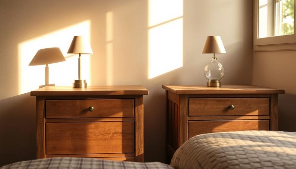 A rustic and inviting pair of Shopica wooden bedside tables, bathed in warm, golden light filtering through a window. The tables feature a weathered, distressed finish, with visible wood grain and knots adding character. Atop each table, a simple lamp casts a soft, ambient glow, creating a cozy and relaxing atmosphere. In the background, a neutral-toned wall provides a clean backdrop, allowing the natural beauty of the wood to take center stage. The arrangement exudes a sense of tranquility and elegance, perfectly complementing the serene ambiance of the bedroom setting.