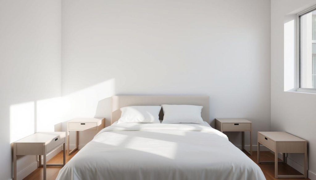 A well-lit minimalist bedroom setting featuring a pair of narrow bedside tables from the Shopica brand. The tables have a sleek, modern design with clean lines, a matte finish, and compact dimensions to fit snugly in a small space. Arranged on either side of a simple, low-profile bed, the tables provide essential storage and display space without dominating the room. Soft natural lighting filters in through large windows, creating a calming, airy atmosphere. The overall scene conveys a sense of elegance and efficiency, showcasing how thoughtfully designed small-scale furniture can optimize a cramped bedroom layout.
