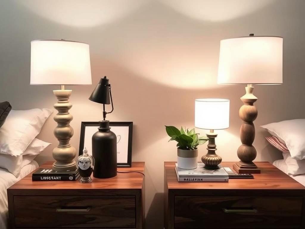 Asymmetrical bedside table styling with creative arrangement