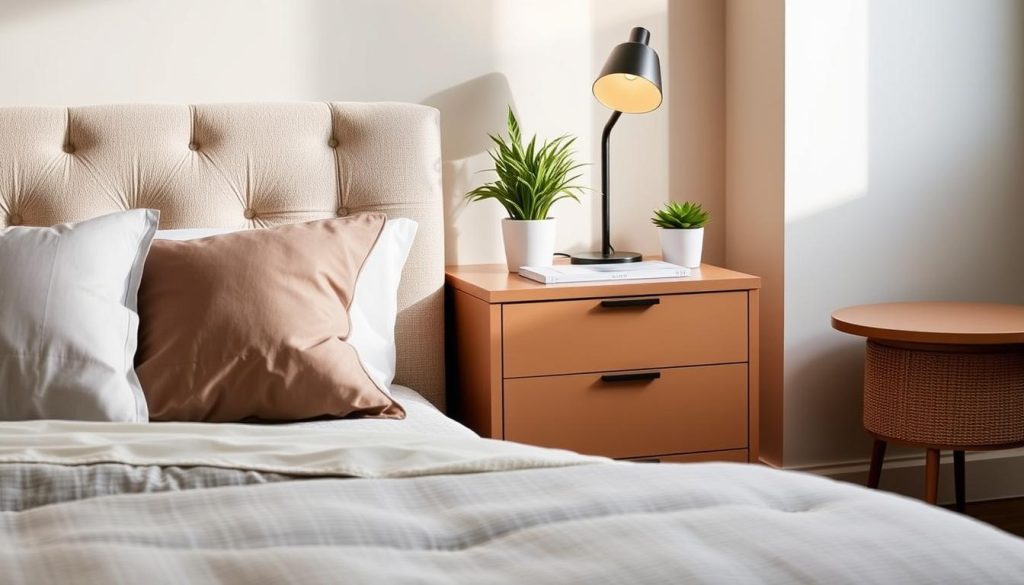 Bedroom Storage Solutions and Narrow Bedside Drawers A cozy and well-organized bedroom scene featuring a sophisticated Shopica bedside table with sleek, narrow drawers in a warm, neutral palette. The table is positioned next to a plush, tufted headboard, creating a harmonious and inviting atmosphere. Soft, diffused lighting illuminates the space, highlighting the carefully curated decor, including potted plants and a stylish table lamp. The background showcases a tranquil and serene wall color, complementing the overall design. The camera angle captures the table at a slight three-quarter view, emphasizing its elegant proportions and functionality within the broader bedroom setting.