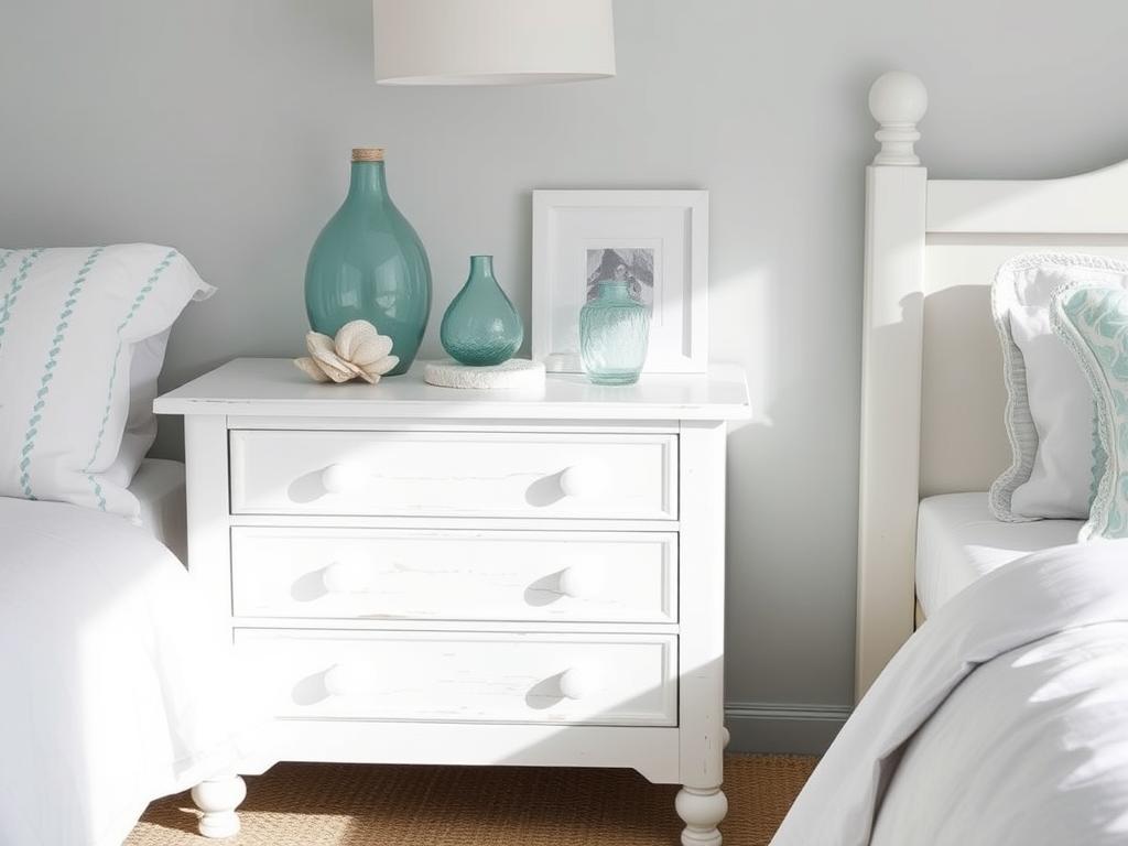 Coastal style white bedside table with beachy elements