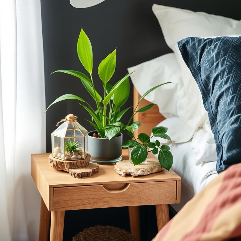 Nature-inspired bedside table with plants and natural elements