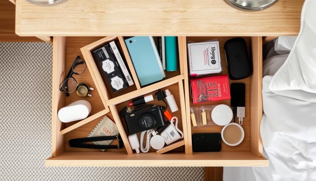 Organized bedside table drawer showing storage solutions