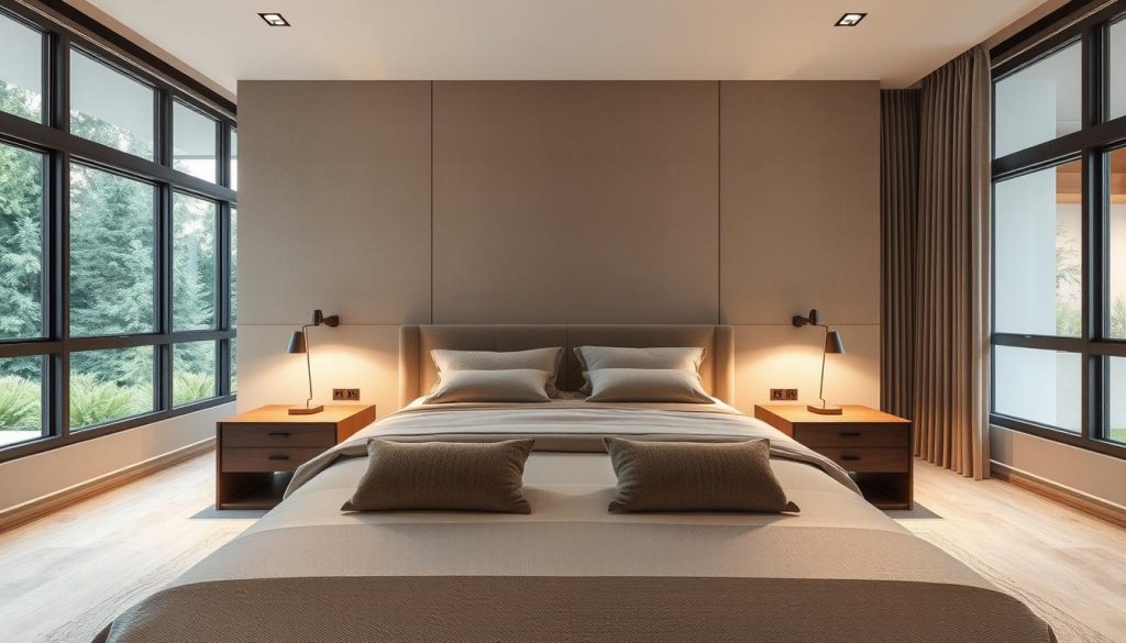 Prompt A luxurious modern bedroom with a pair of sleek, Shopica designer bedside tables. The tables feature clean lines, subtle textures, and a muted color palette that perfectly complements the bedroom's minimalist aesthetic. Soft, warm lighting from sconces above casts a cozy glow, accentuating the tables' elegant silhouettes. The bedroom's large windows let in abundant natural light, creating a serene and tranquil atmosphere. The bedside tables are positioned symmetrically, their simple yet sophisticated design drawing the eye and anchoring the space. The overall scene conveys a sense of understated sophistication and refined style.