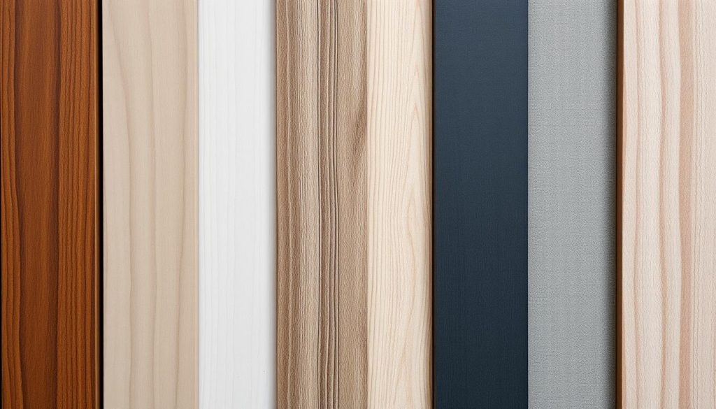 Various bedside table materials displayed including timber, veneer, and painted finishes