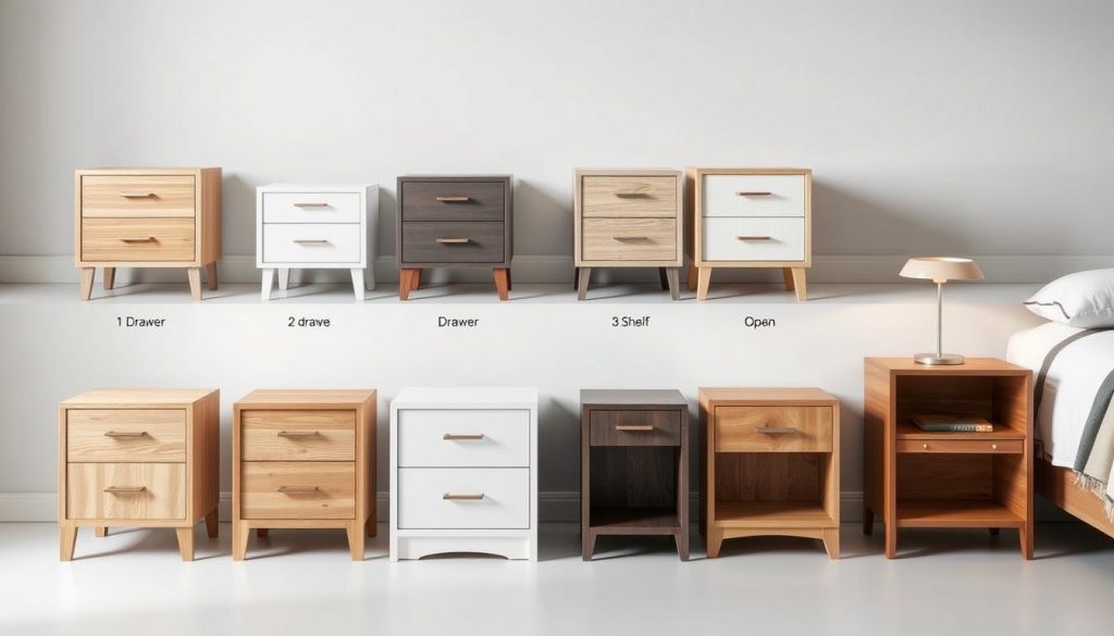 Various bedside table styles with different storage options