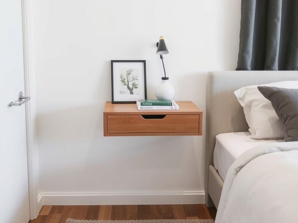 Wall-mounted floating bedside table saving floor space