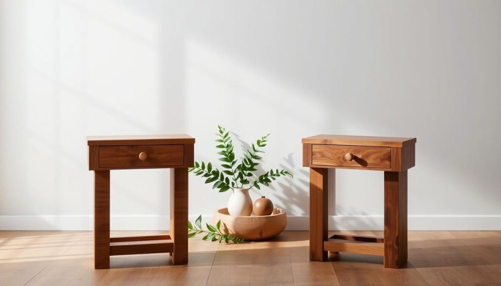 Wooden Bedside Tables Australia Materials - a tranquil vignette showcasing the natural beauty of Shopica's handcrafted bedside tables. In the foreground, two sturdy yet elegant tables made of warm, knotty Australian hardwood stand against a backdrop of soft, diffused light. Subtle shadows and textures accentuate the tables' organic grain and craftsmanship. The middle ground features lush greenery and natural decor elements, creating a calming, earthy atmosphere. In the background, a muted, neutral-toned wall provides a minimalist canvas, allowing the Shopica furniture to take center stage. This image evokes a sense of rustic sophistication, perfectly suited to highlight the stylish, nature-inspired bedside table options for a bedroom makeover.